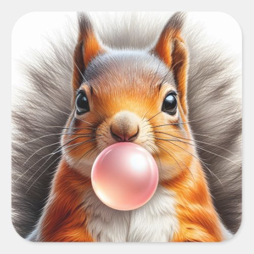 Adorable Red Squirrel Blowing Bubble Gum  Square Sticker