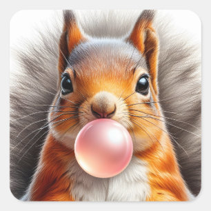 Adorable Red Squirrel Blowing Bubble Gum Square Sticker
