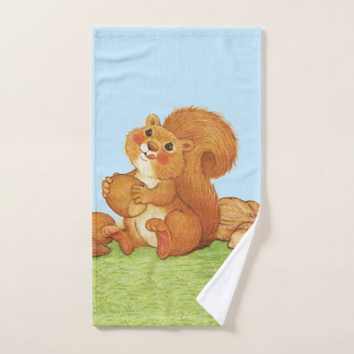 Adorable Red Squirrel in Grass Nuts Acorns Hand Towel