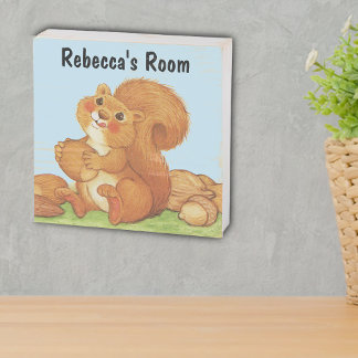 Adorable Red Squirrel in Grass With Nuts Acorns Wooden Box Sign