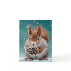 Adorable Red Squirrel in the Snow with a Pinecone Holiday Card