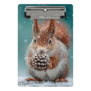 Adorable Red Squirrel in the Snow with a Pinecone Mini Clipboard