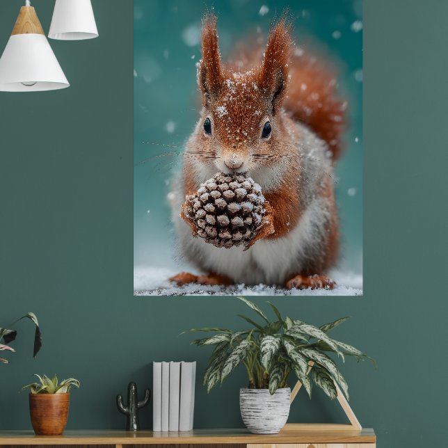 Adorable Red Squirrel in the Snow with a Pinecone Poster (Living Room 1)