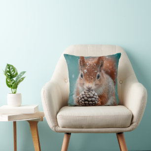 Adorable Red Squirrel in the Snow with a Pinecone Throw Pillow