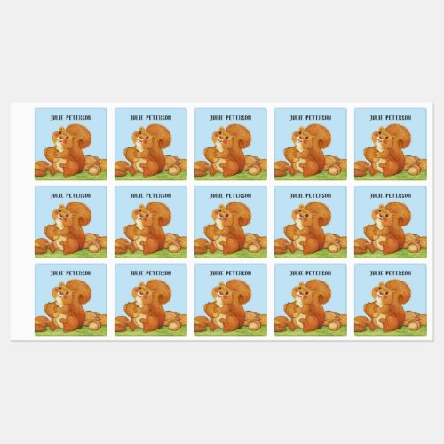 Adorable Red Squirrel Licking Lips Nuts Grass Sky Kids Labels