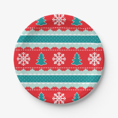 Adorable Red Teal Christmas Design With Snowflakes Paper Plates