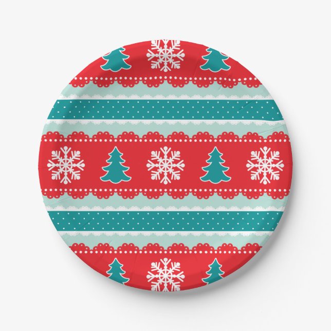 Adorable Red Teal Christmas Design With Snowflakes Paper Plates (Front)