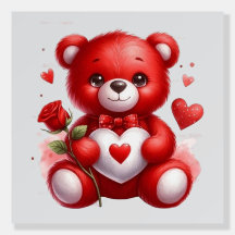 Adorable Red Teddy Bear with Rose and Heart