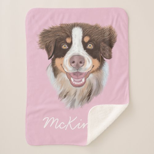 Adorable Red Tri Aussie  Pink  Personalized Sherpa Blanket