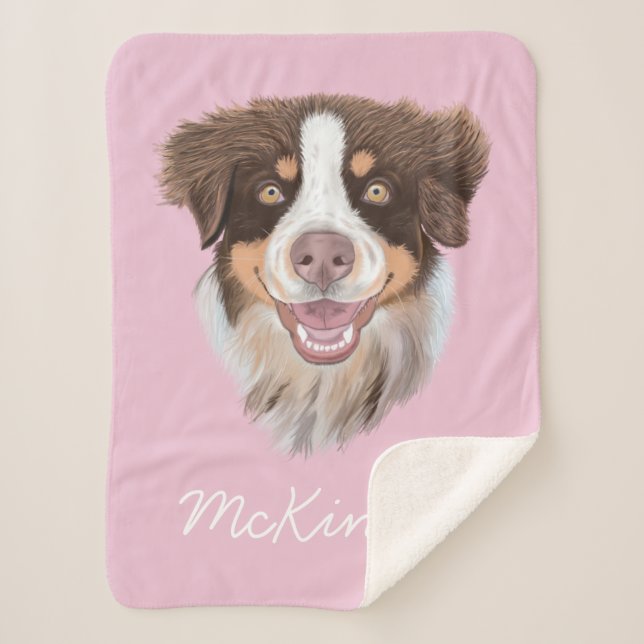 Adorable Red Tri Aussie | Pink | Personalized Sherpa Blanket (Front)