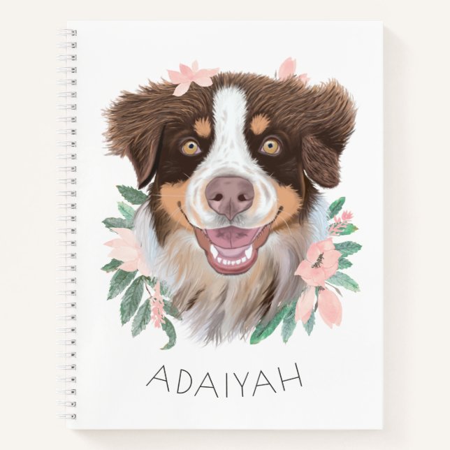 Adorable Red Tri Aussie with Flowers Personalized Notebook (Front)