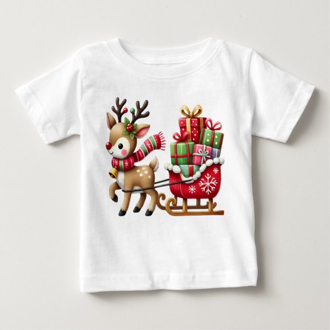 Adorable Reindeer and Sleigh Christmas Design Baby T-Shirt (Front)