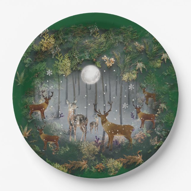 Adorable Reindeer At Night Paper Plates (Front)