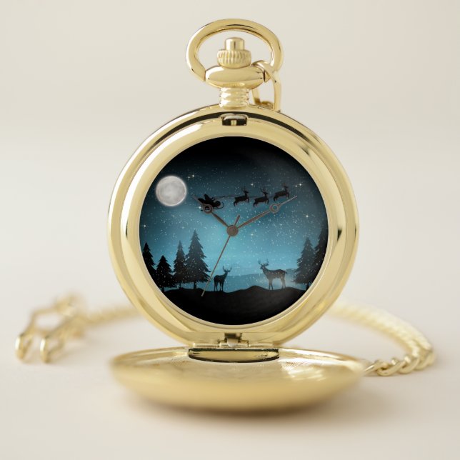 Adorable Reindeer At Night Pocket Watch (Inside)