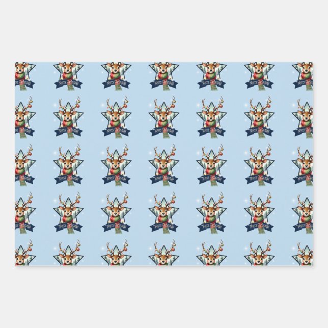 Adorable Reindeer Christmas multipack festive Wrapping Paper Sheets (Front)