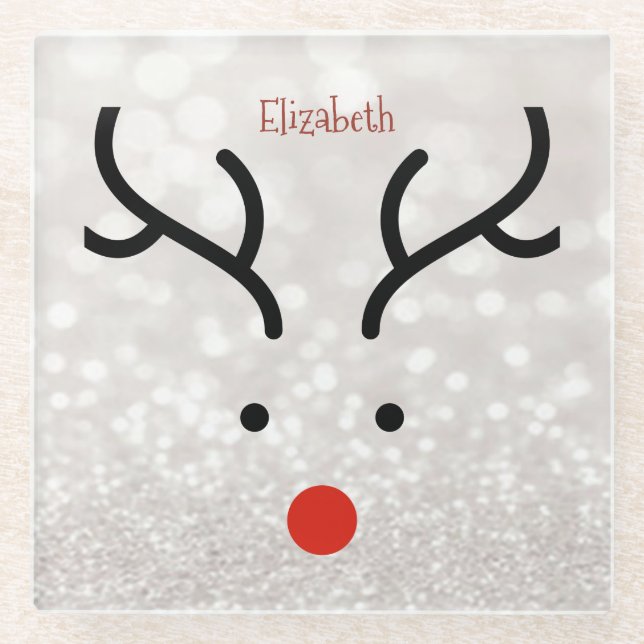 Adorable Reindeer Face,Bokeh  Glass Coaster (Front)