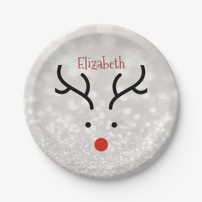 Adorable Reindeer Face,Bokeh  Paper Plates (Front)