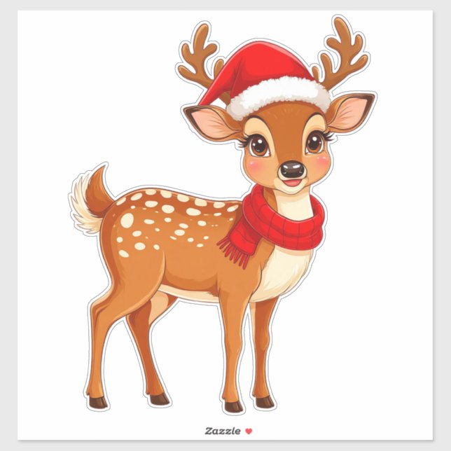 Adorable Reindeer Wearing Santa Hat Sticker (Sheet)