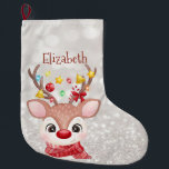 Adorable Reindeer With Santa Hat,Bokeh Large Christmas Stocking<br><div class="desc">Adorable reindeer with Santa hat on glittery bokeh background with your name.</div>