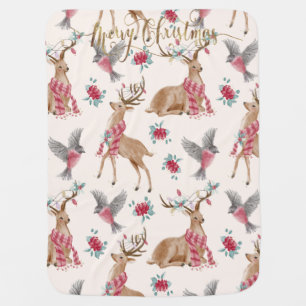 Adorable Reindeers, Birds, Flowers   Baby Blanket
