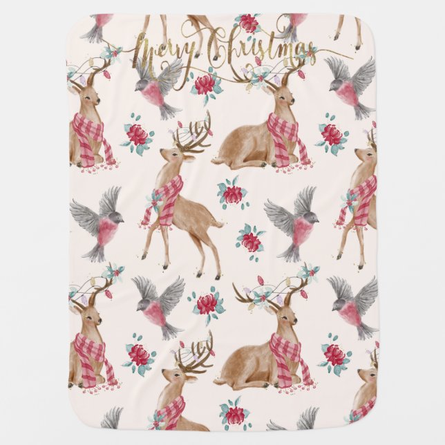Adorable Reindeers, Birds, Flowers   Baby Blanket (Front)