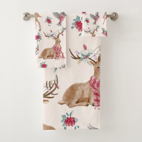 Adorable ReindeersBirdsFlowers Bath Towel Set