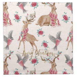 Adorable Reindeers, Birds, Flowers  Cloth Napkin