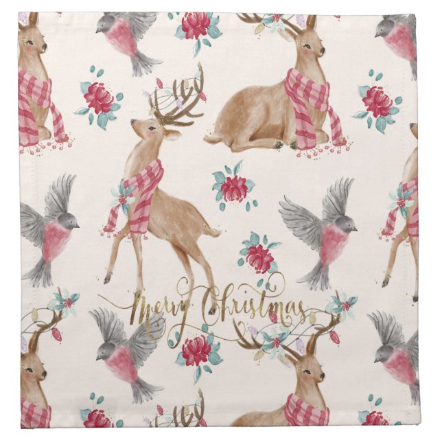 Adorable Reindeers, Birds, Flowers  Cloth Napkin (Front)