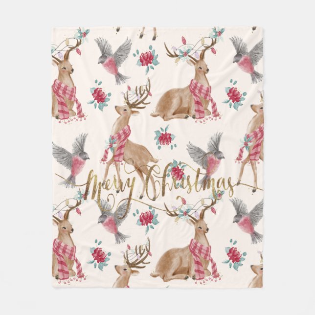 Adorable Reindeers, Birds, Flowers  Fleece Blanket (Front)