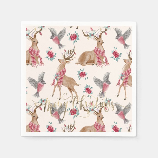 Adorable reindeers, birds, flowers napkins (Front)