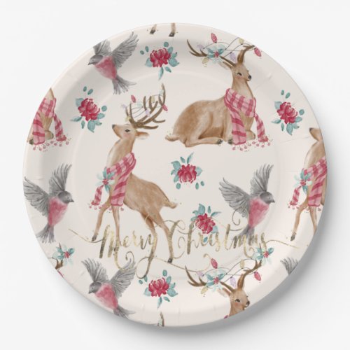 Adorable reindeers birdsflowers paper plates