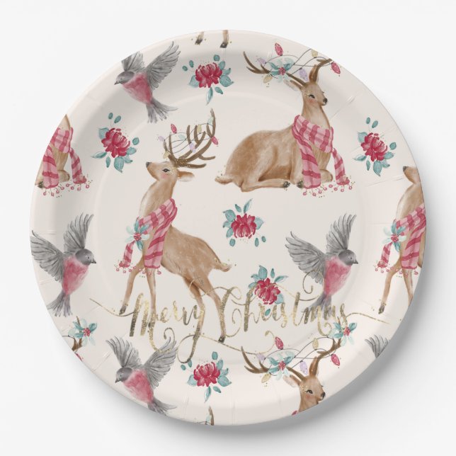 Adorable reindeers, birds,flowers paper plates (Front)