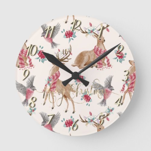 Adorable ReindeersBirdsFlowers   Round Clock