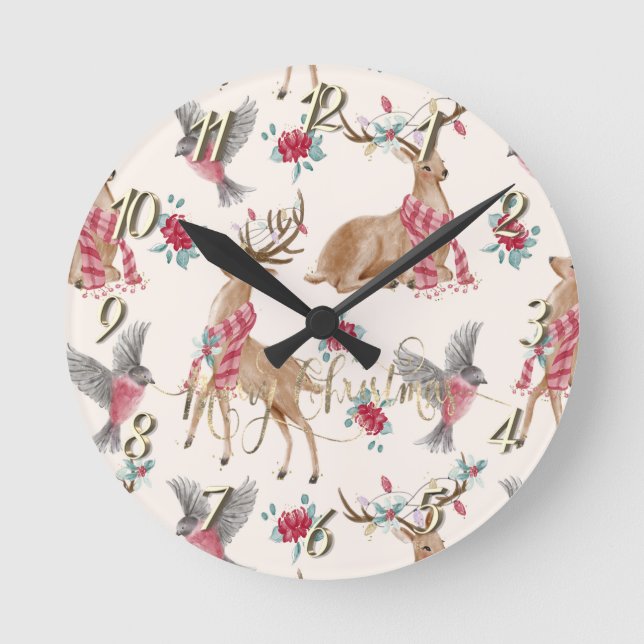 Adorable Reindeers,Birds,Flowers   Round Clock (Front)