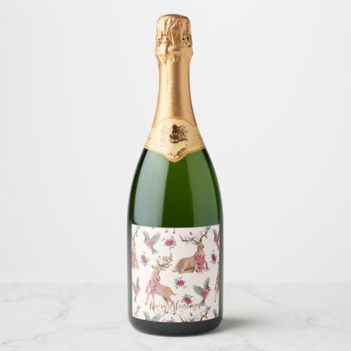 Adorable Reindeers Birds Flowers  Sparkling Wine Label