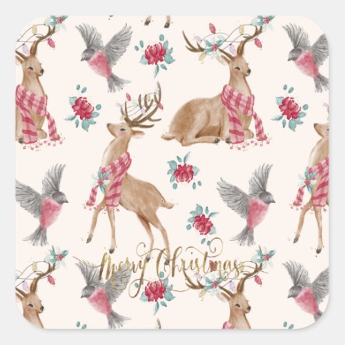 Adorable Reindeers Birds Flowers   Square Sticker