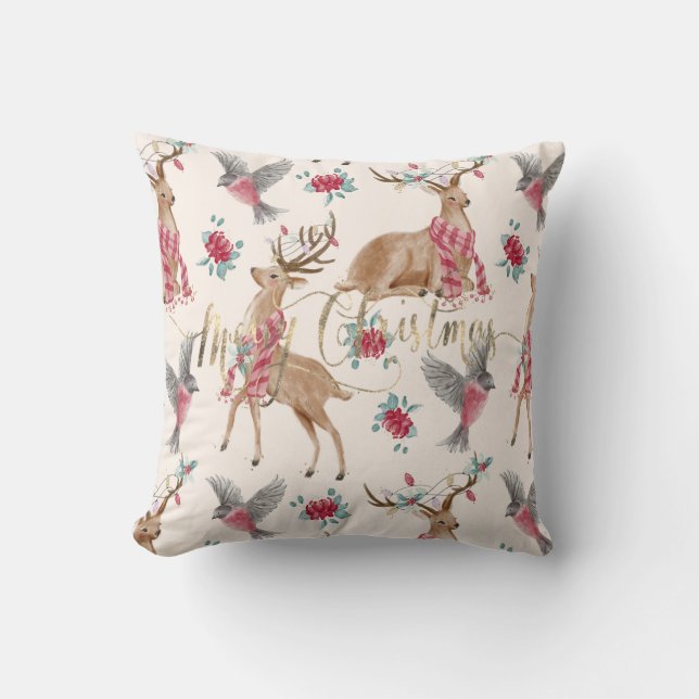 Adorable reindeers, birds, flowers throw pillow (Front)