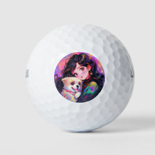 Adorable Retro Anime Girl & Her Dog Golf Balls
