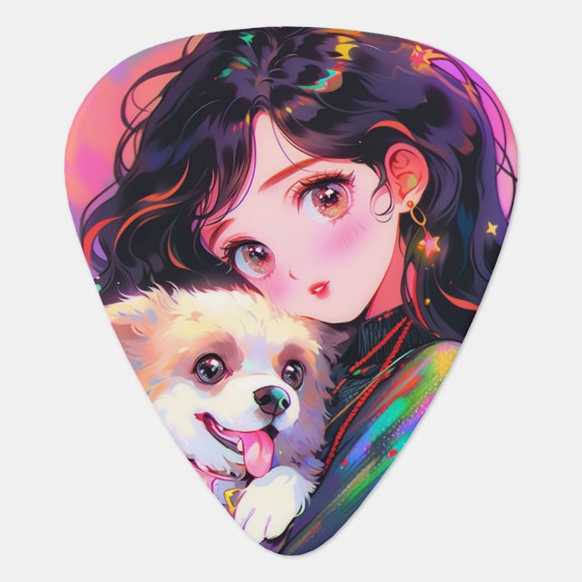 Adorable Retro Anime Girl & Her Dog Guitar Pick (Front)