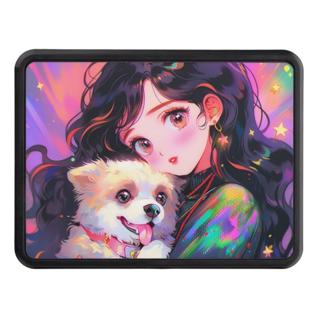 Adorable Retro Anime Girl & Her Dog Hitch Cover (Front)