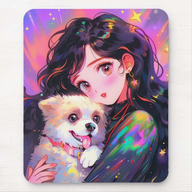 Adorable Retro Anime Girl & Her Dog Mouse Pad (Front)