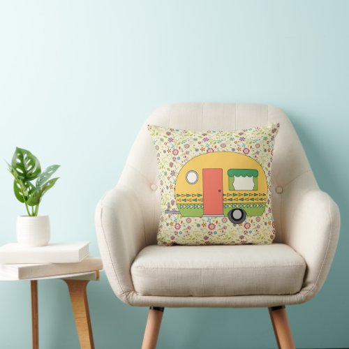 Adorable Retro Camper on Floral Throw Pillow