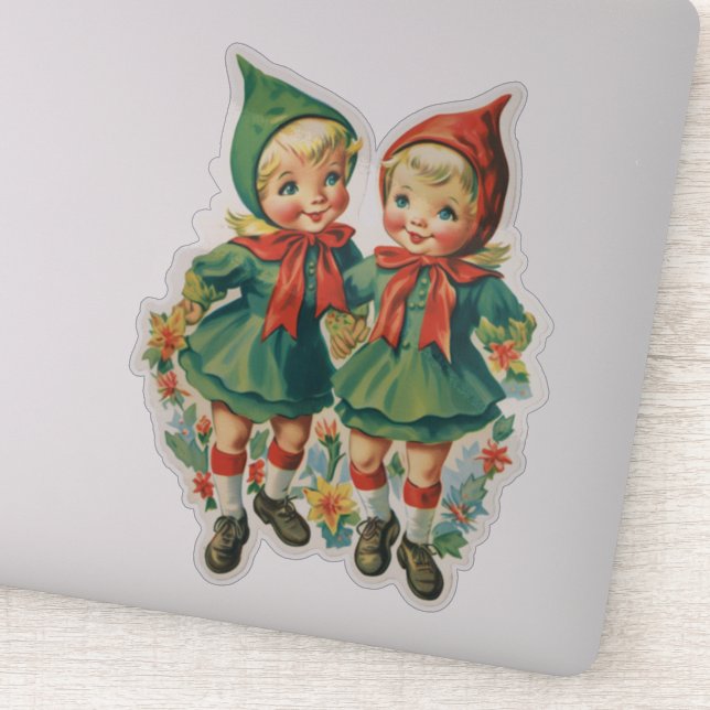 Adorable Retro Christmas Elves Sticker (Detail)