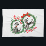 Adorable Retro Christmas Poodles Wreath Custom Kitchen Towel<br><div class="desc">Adorable Retro Christmas Poodles Wreath Custom Kitchen Towel. Two adorable Gray/Black Poodles! Each Poodle is wearing a red collar with a bell on it, and is framed up with a pretty Holly Christmas Wreath and Merry Christmas text design. Add custom text on any white area if desired, using your choice...</div>