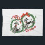 Adorable Retro Christmas Poodles Wreath Custom Kitchen Towel<br><div class="desc">Adorable Retro Christmas Poodles Wreath Custom Kitchen Towel. Two adorable Gray/Black Poodles! Each Poodle is wearing a red collar with a bell on it, and is framed up with a pretty Holly Christmas Wreath and Merry Christmas text design. Add custom text on any white area if desired, using your choice...</div>