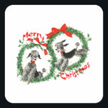 Adorable Retro Christmas Poodles Wreath Custom Square Sticker<br><div class="desc">Adorable Cute Fun Retro Christmas Poodles Wreath Custom Stickers. Two adorable Gray/Black Poodles! Each Poodle is wearing a red collar with a bell on it, and is framed up with a pretty Holly Christmas Wreath and Merry Christmas text design. Add custom text on any white area if desired, using your...</div>
