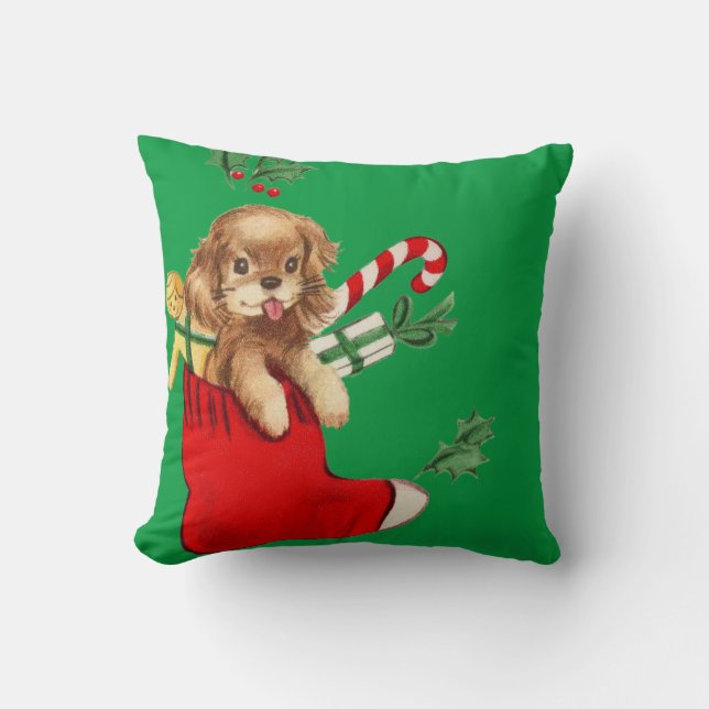 Adorable Retro Christmas Puppy Throw Pillow (Front)