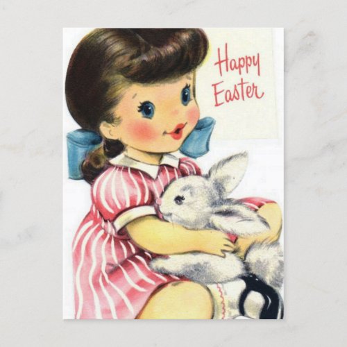 Adorable Retro Happy Easter Girl and Bunny Postcard