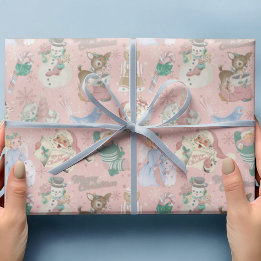 Adorable Retro Pink Green Christmas Wrapping Paper