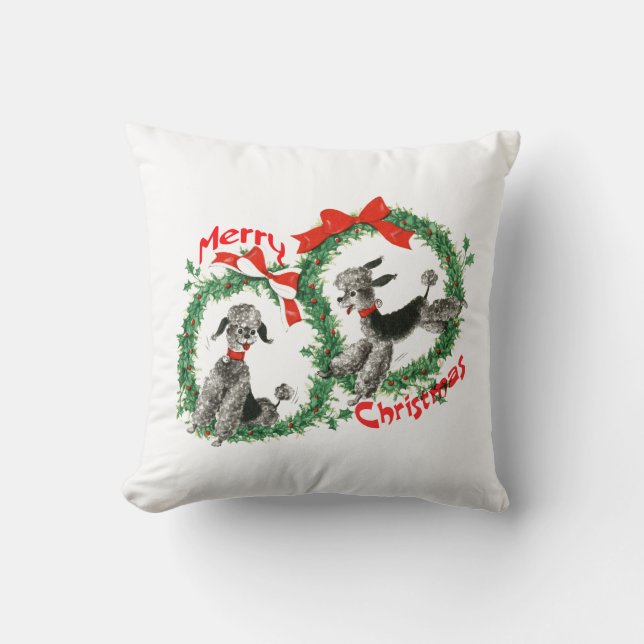 Adorable Retro Poodles Merry Christmas Wreath Throw Pillow (Front)